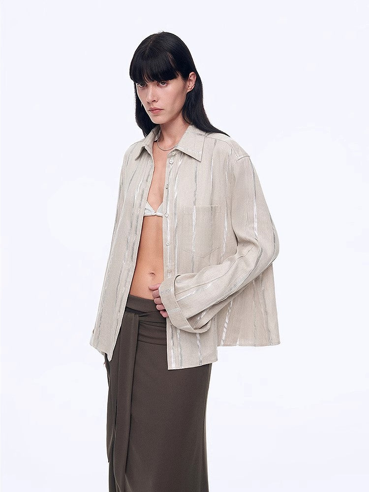 "Anonymous Letter" Silver Stripe Trumpet Sleeve Linen Cropped Shirt