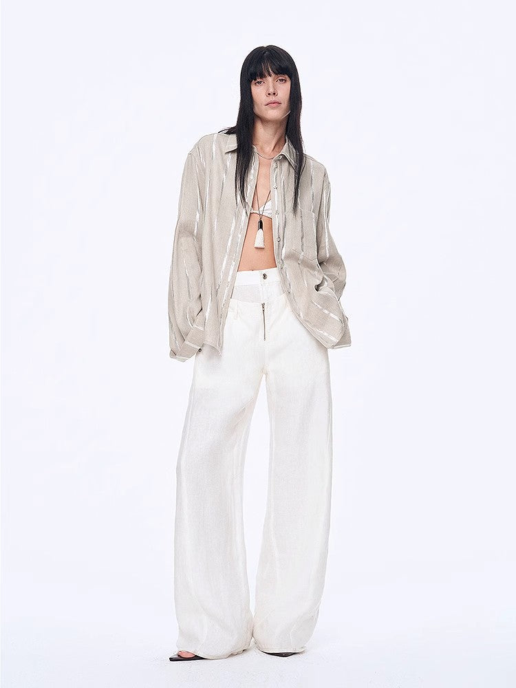 "Anonymous Letter" Silver Stripe Trumpet Sleeve Linen Cropped Shirt