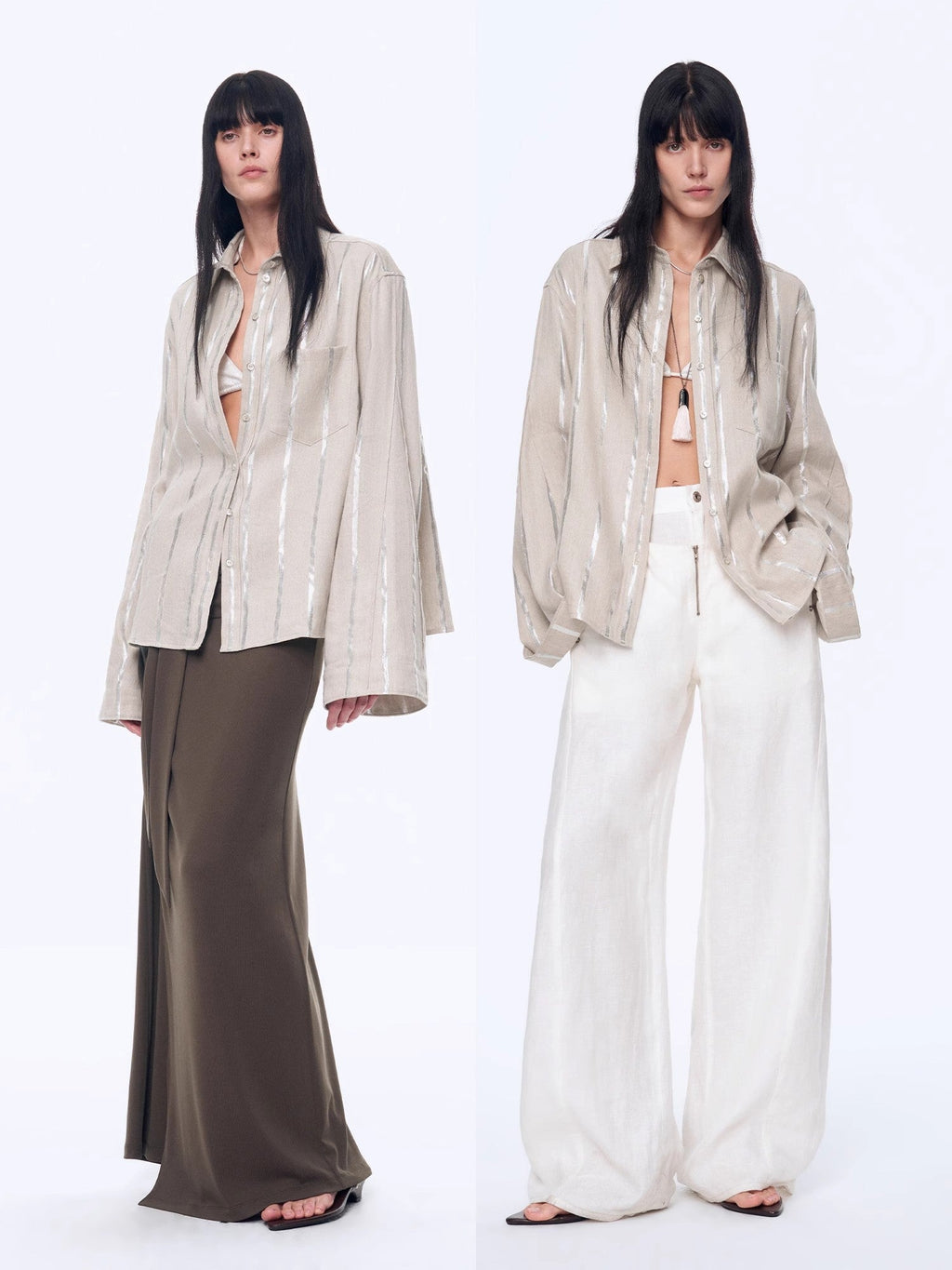 "Anonymous Letter" Silver Stripe Trumpet Sleeve Linen Cropped Shirt