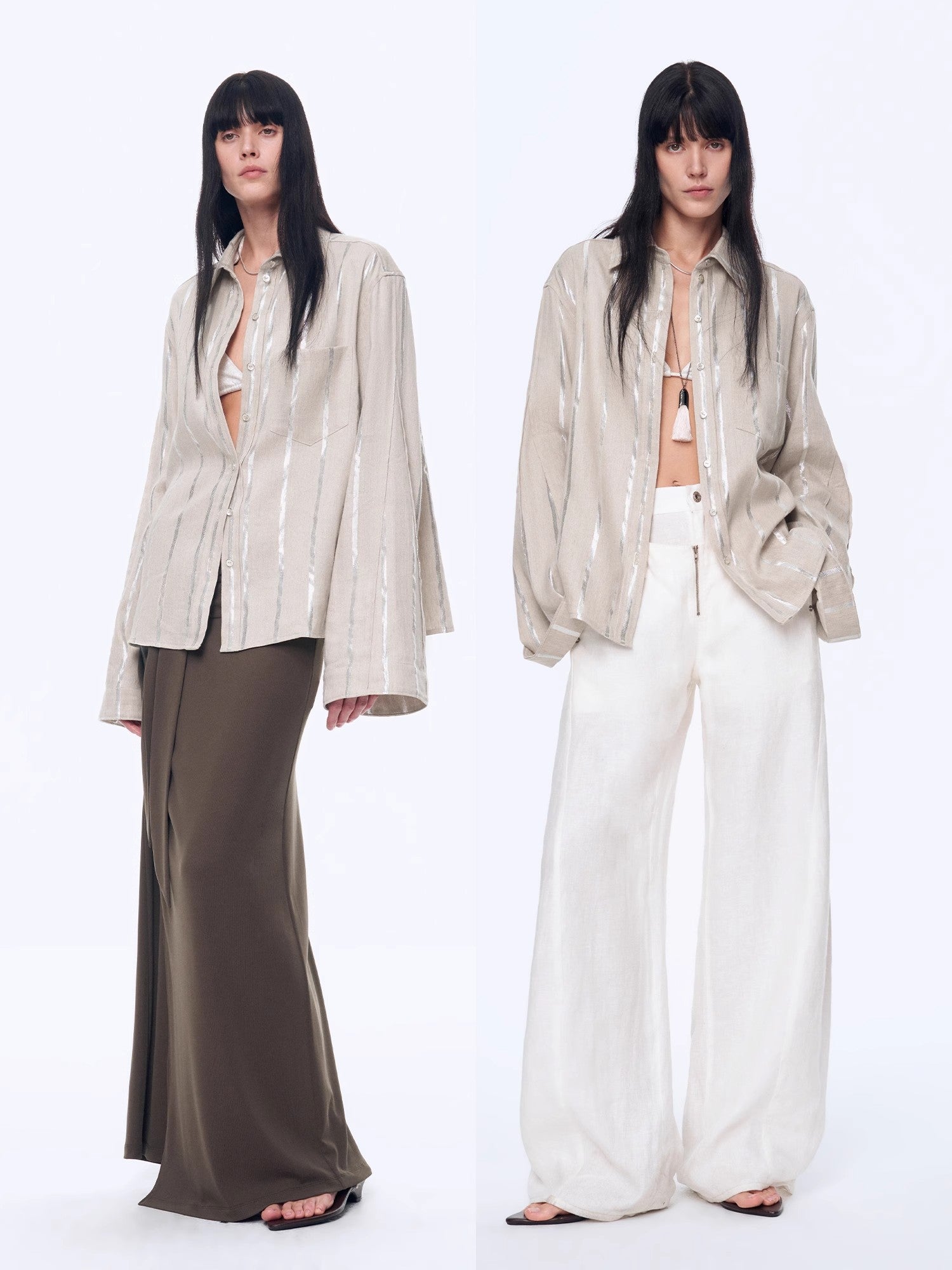 "Anonymous Letter" Silver Stripe Trumpet Sleeve Linen Cropped Shirt