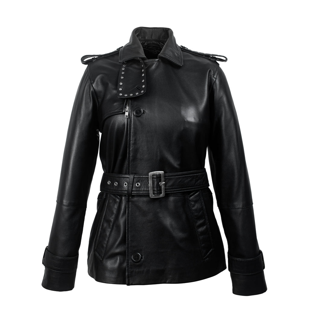 Black Studded Leather Trench Jacket-1
