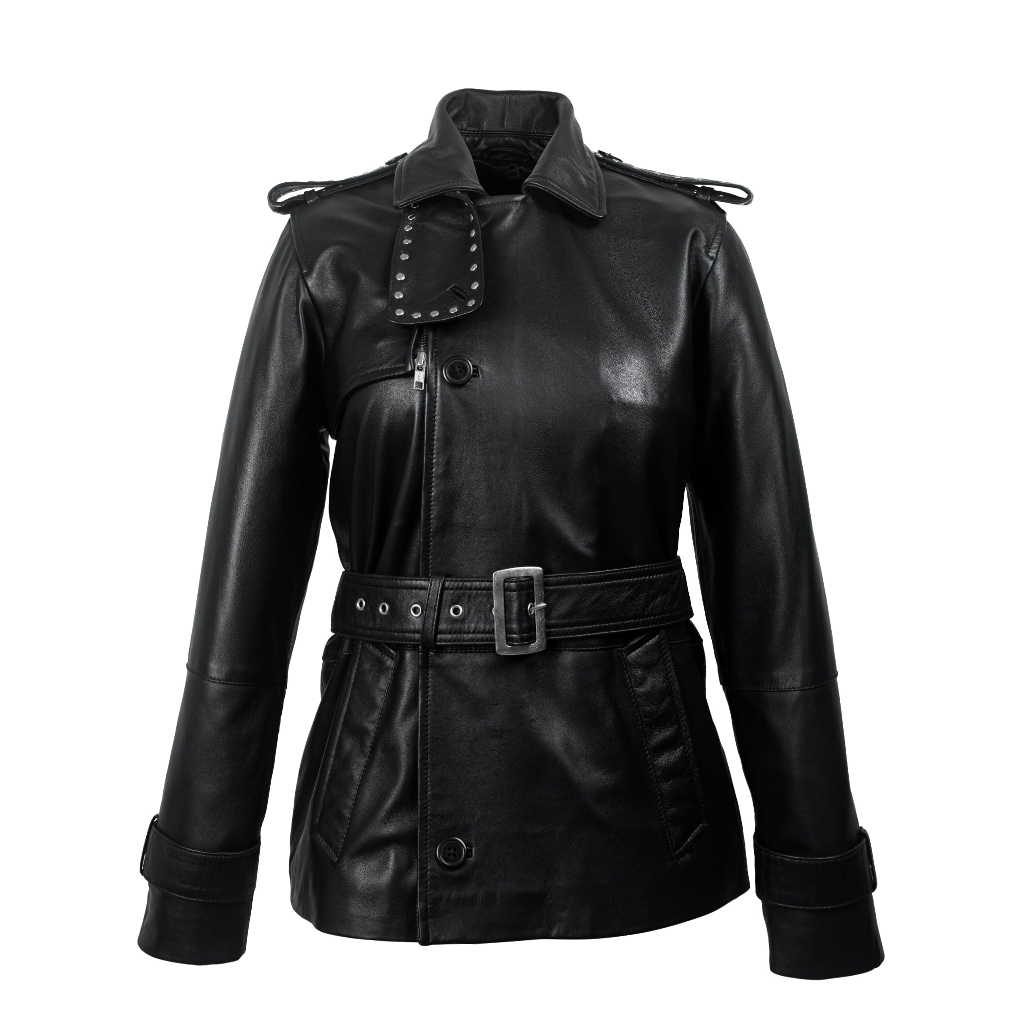 Black Studded Leather Trench Jacket-1