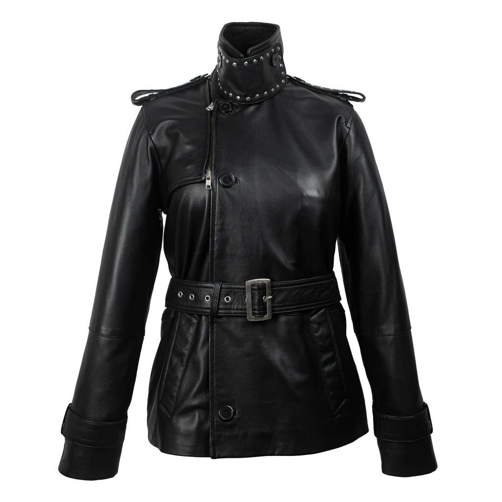 Black Studded Leather Trench Jacket-0