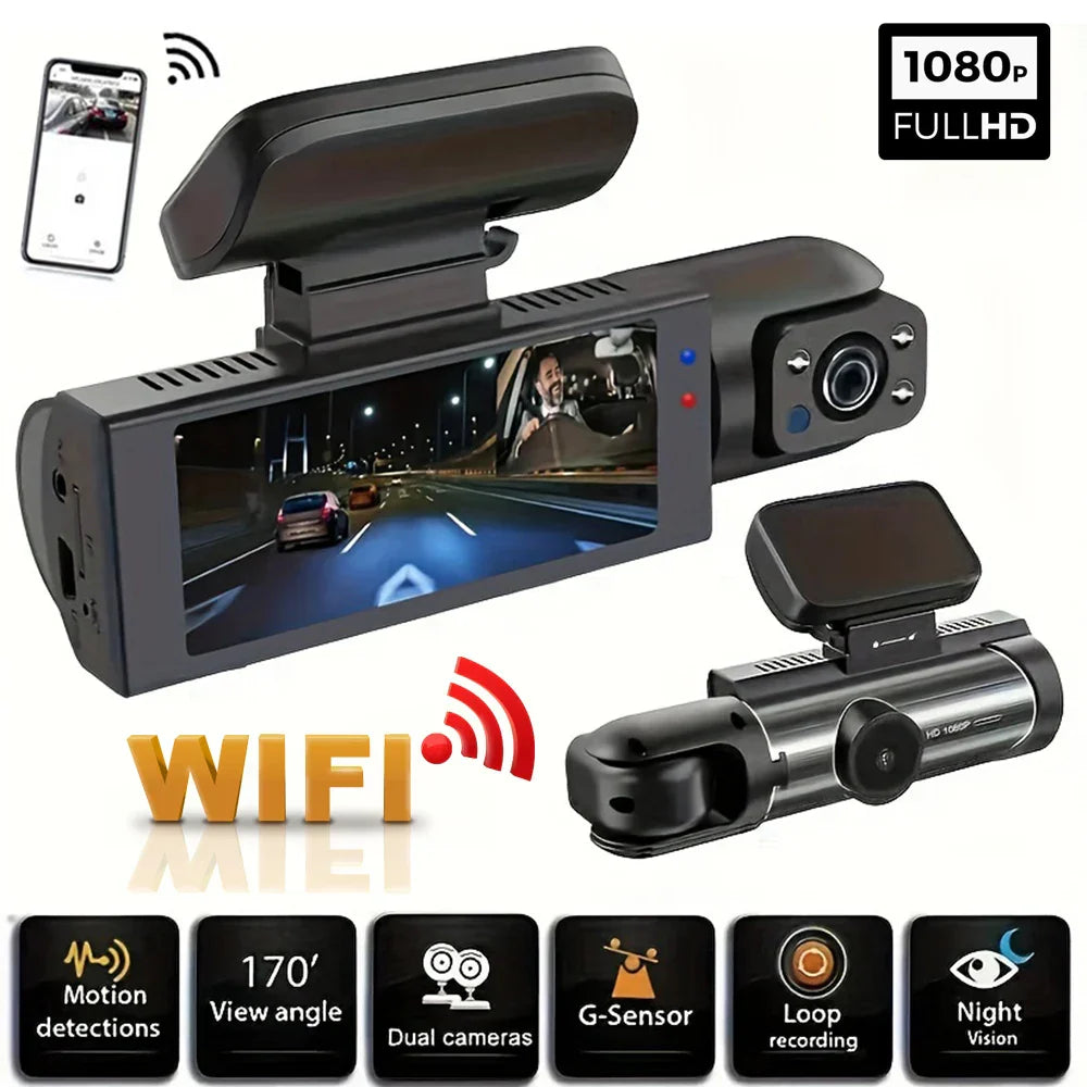 1080P WiFi Dual Dash Cam Front Interior Car Camera Black