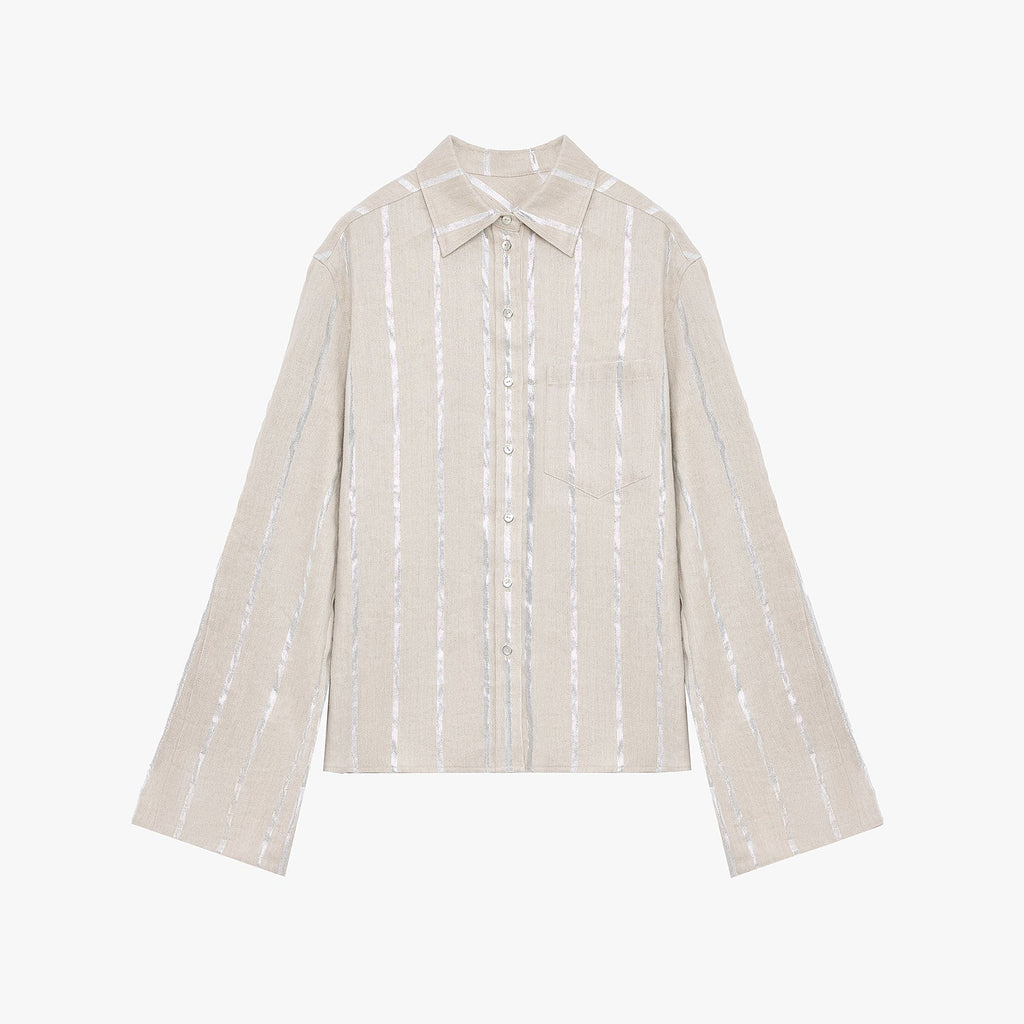 "Anonymous Letter" Silver Stripe Trumpet Sleeve Linen Cropped Shirt