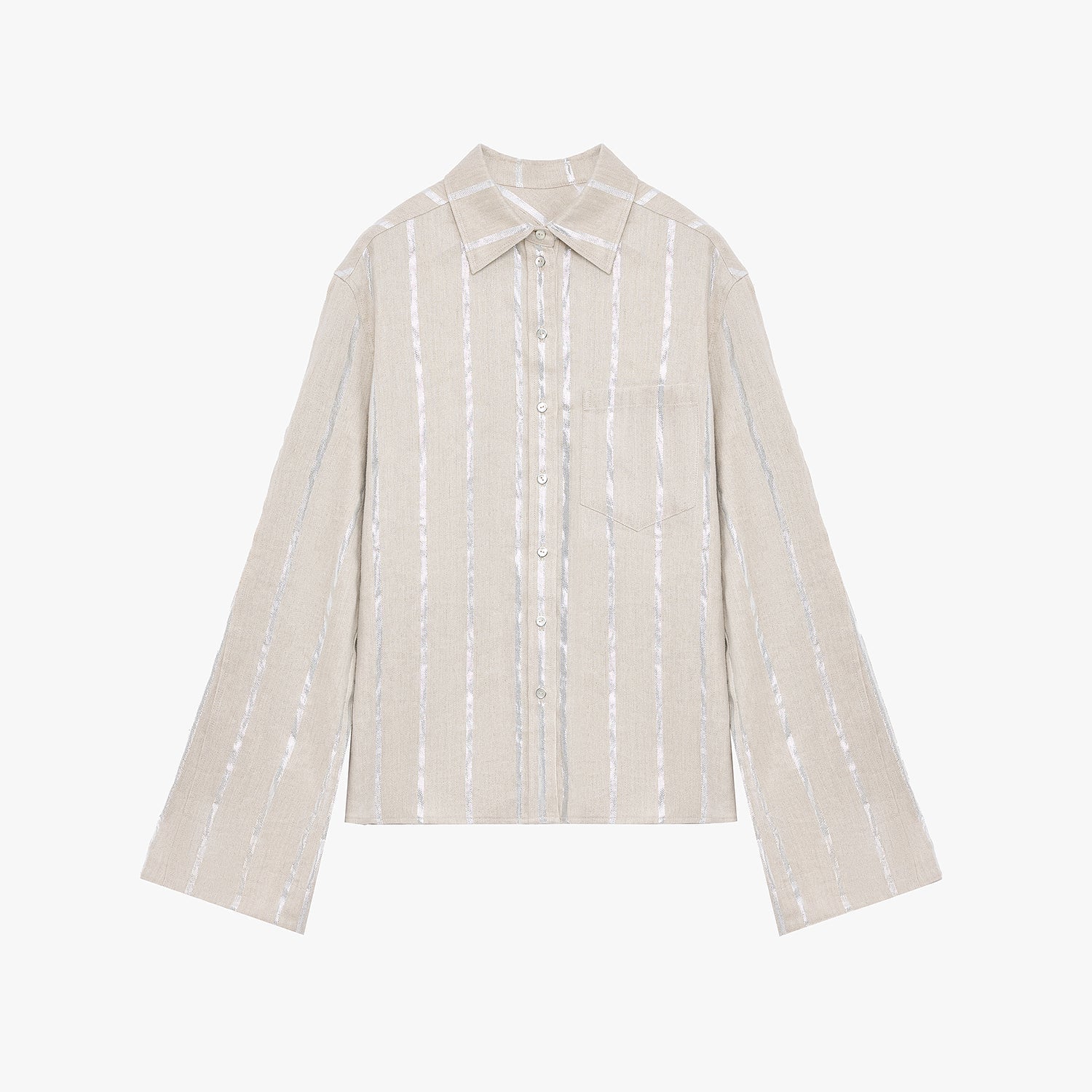 "Anonymous Letter" Silver Stripe Trumpet Sleeve Linen Cropped Shirt