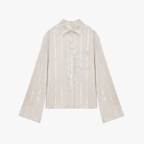 "Anonymous Letter" Silver Stripe Trumpet Sleeve Linen Cropped Shirt