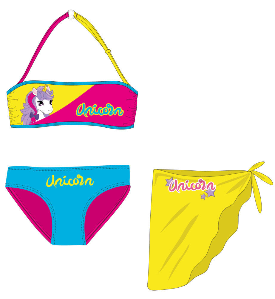 Unikornis fürdőruha szett - bikini+szoknya kislányoknak - pink-türkizkék-sárga - 104-0