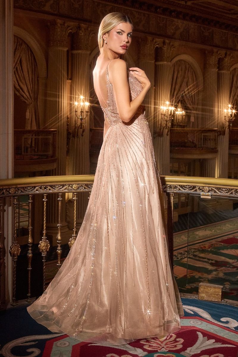 A-line dress with deep V-neck and spaghetti straps