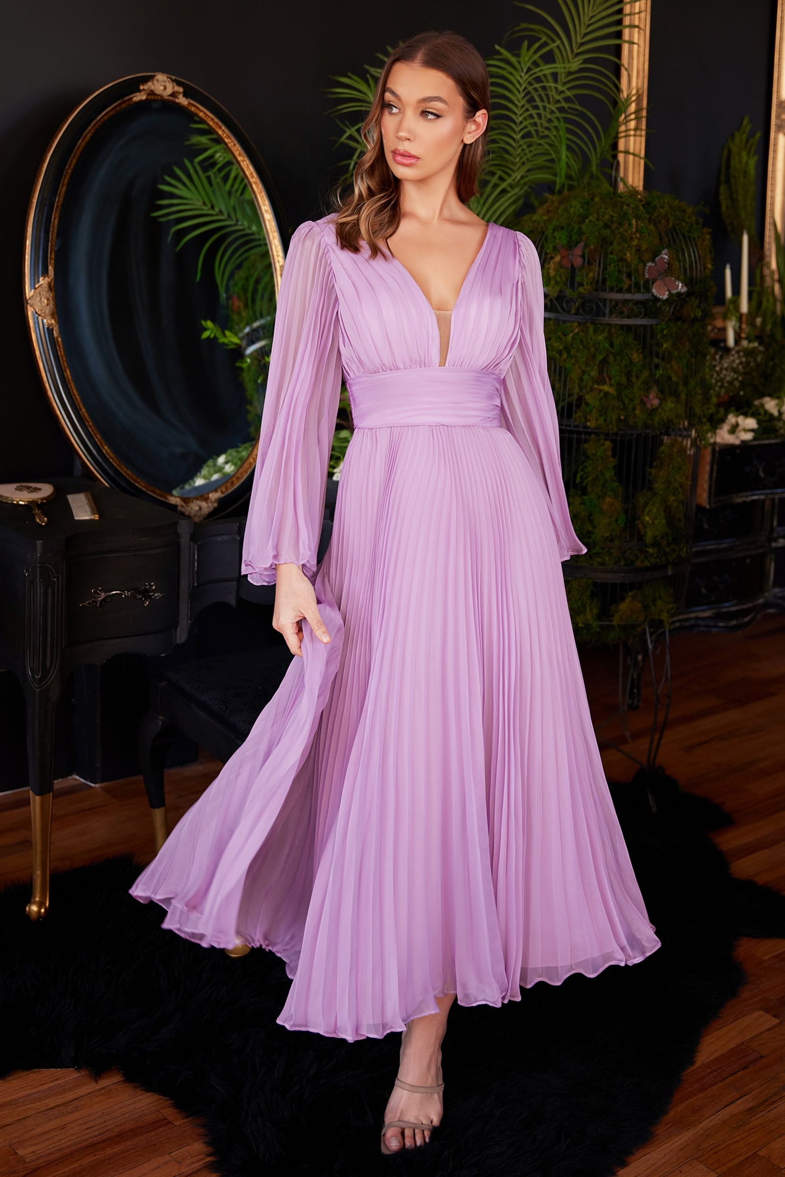 Pleated Chiffon Long Sleeve Tea Length Gown-2