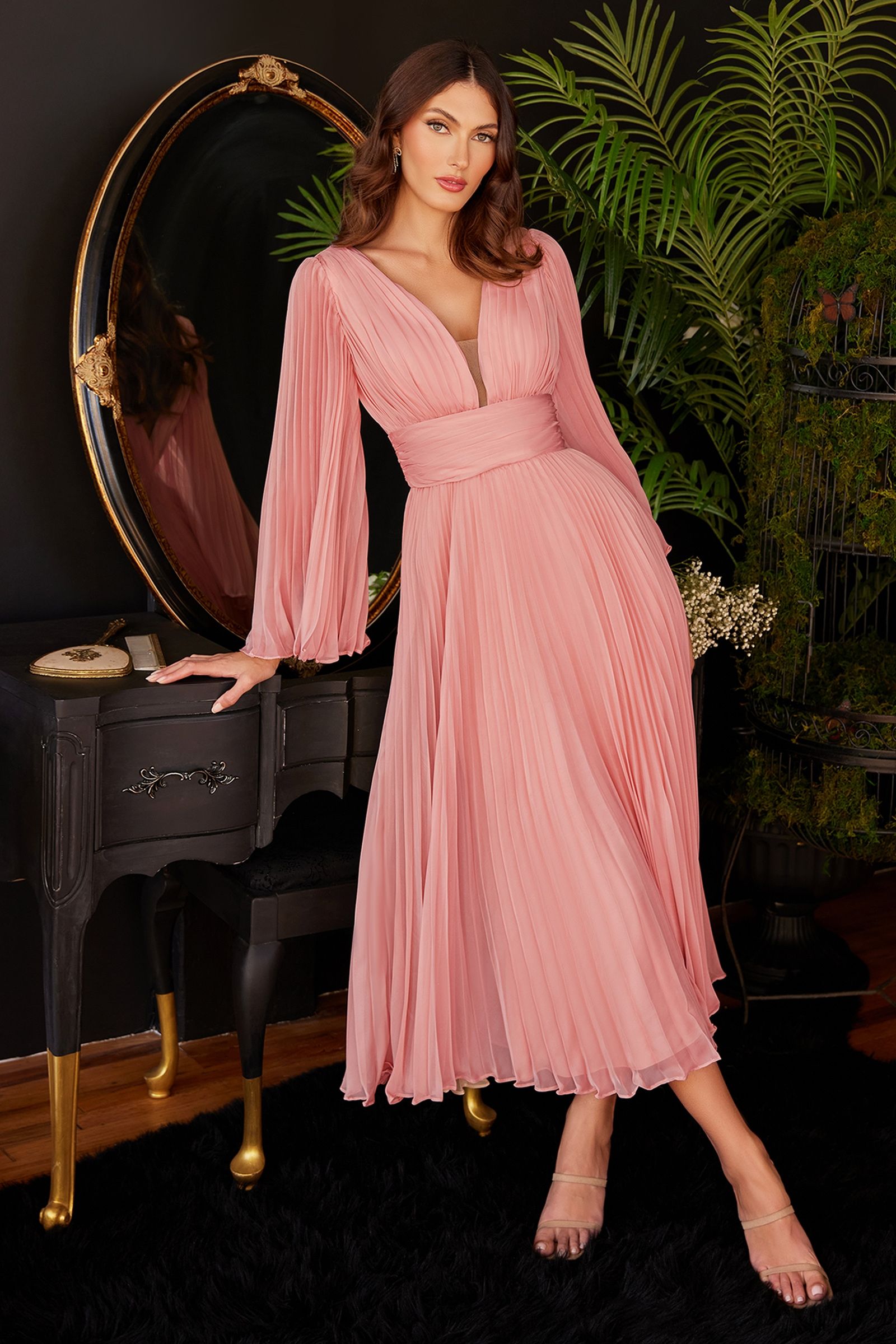 Pleated Chiffon Long Sleeve Tea Length Gown-4
