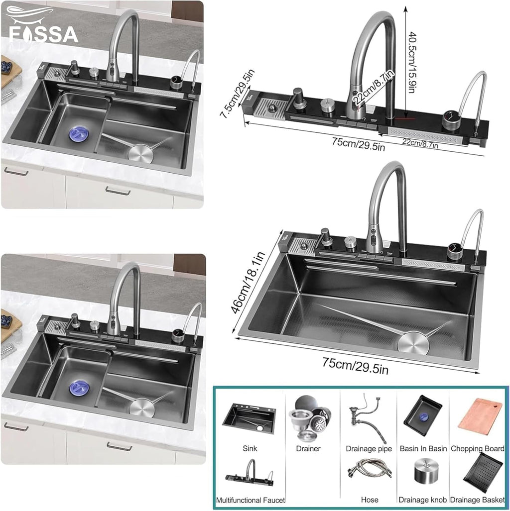 (30 x 18 x 10) Inch Premium Piano 5 Keys Smart Kitchen Sink Black-1