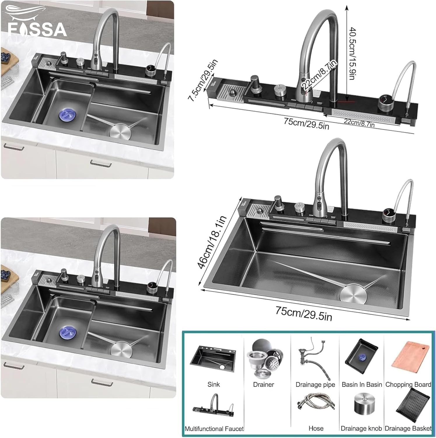 (30 x 18 x 10) Inch Premium Piano 5 Keys Smart Kitchen Sink Black-1
